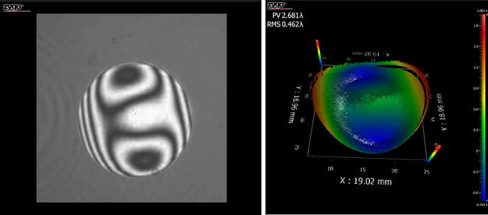 Sample image from an interferometer showing bright areas where the test and reference beams constructively interfered and dark rings where they destructively interfered (left), as well as the resulting 3D reconstruction of the test optic (right)