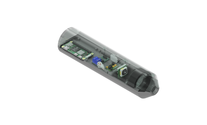 CAD rendering of the Retinex retinal camera showing internal optical, illumination, and electronic components.